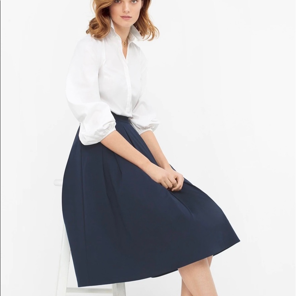 Navy Pleated Taffeta Midi Skirt